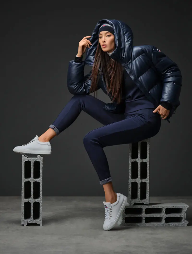 Studio fashion campaign, puffer jacket and sneakers