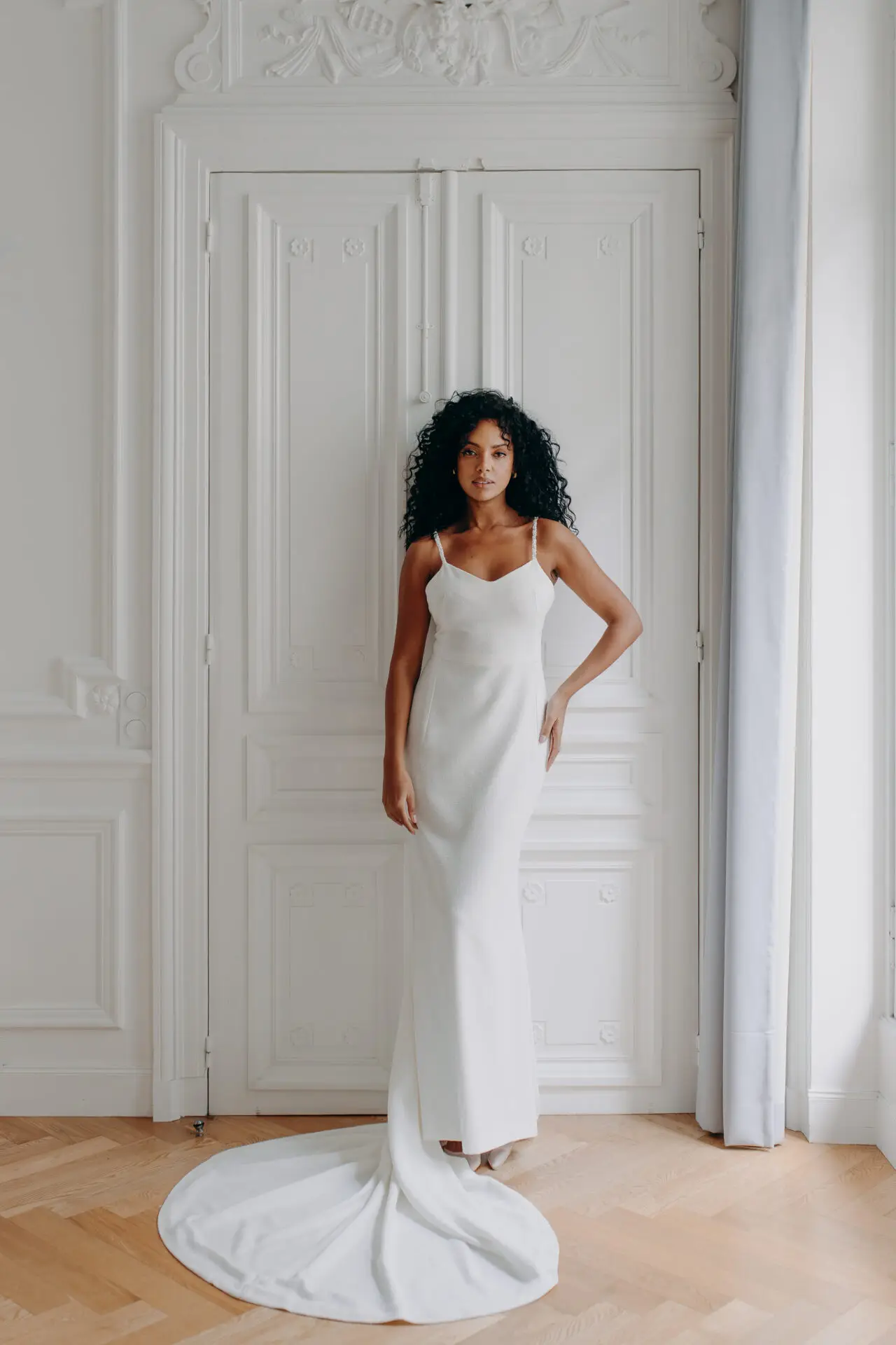 Bridal make-up and hair, bride in a sheath dress